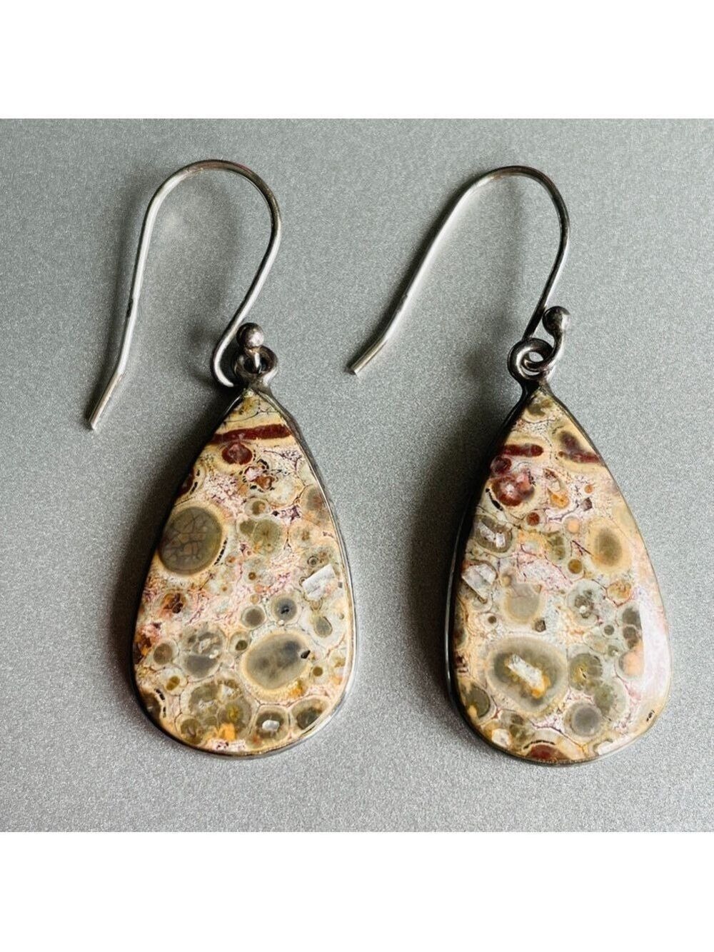 Leopardite Leopard Skin Jasper Sterling Silver Dangle Hook Earrings